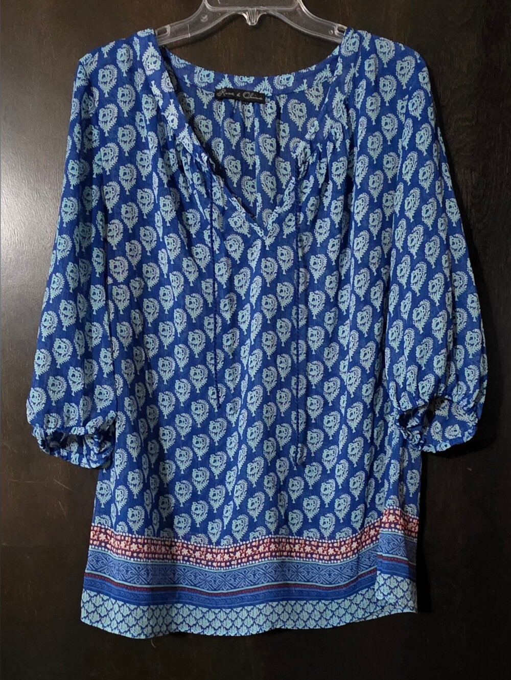 💢4For$20 Rose & Olive Blue Paisley  Peasant Semi-sheer 1/2 Sleeve Top Size L/XL